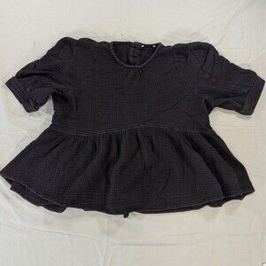 Black Waffle Feel Puff Sleeve Babydoll Blouse Size Medium